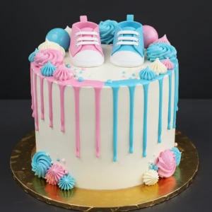 Gender Reveal Cake with Pink and Blue Drip Design and Baby Shoe Toppers