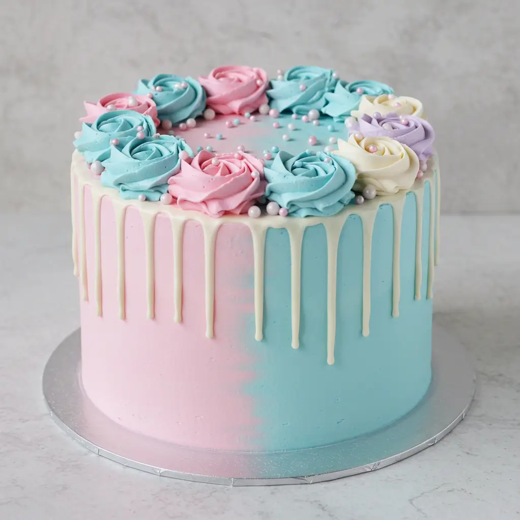 Elegant Gender Reveal Cake with Blue and Pink Frosting and Surprise Center