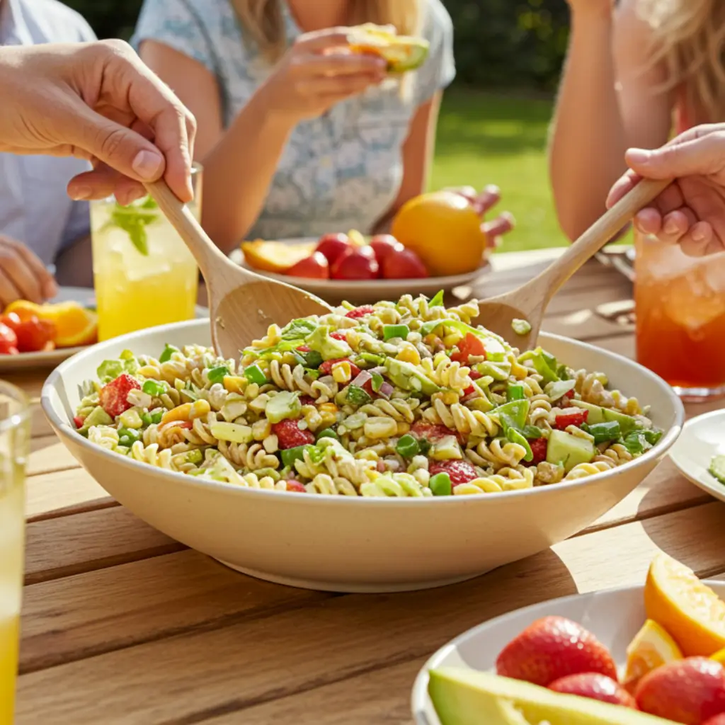 A group of friends enjoying a sunny outdoor meal, serving elote pasta salad from a large bowl with wooden utensils, surrounded by fresh fruits and drinks.