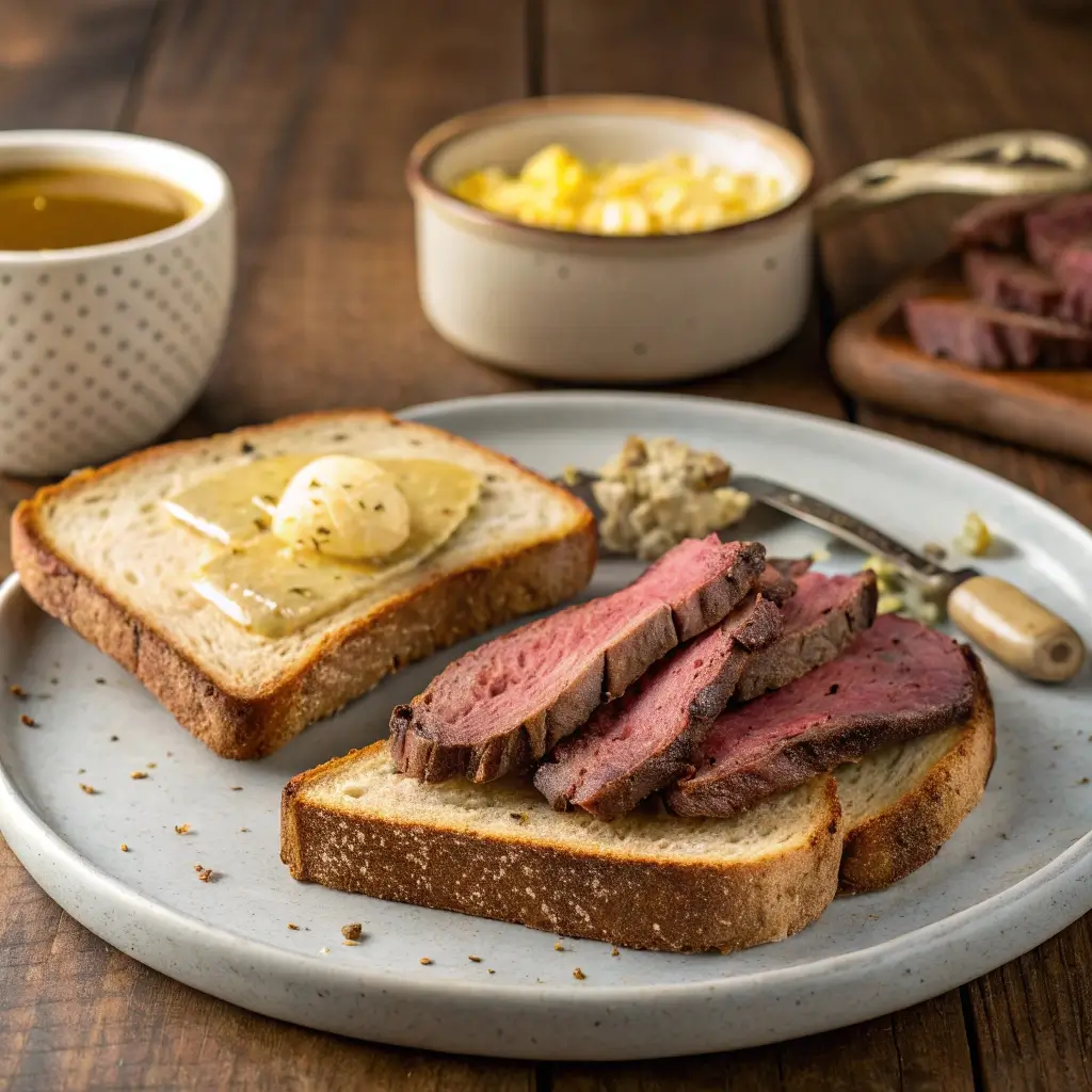 A plated serving of carnivore bread, one slice topped with melting butter and another with slices of steak, accompanied by scrambled eggs and a cup of bone broth on a rustic wooden table.