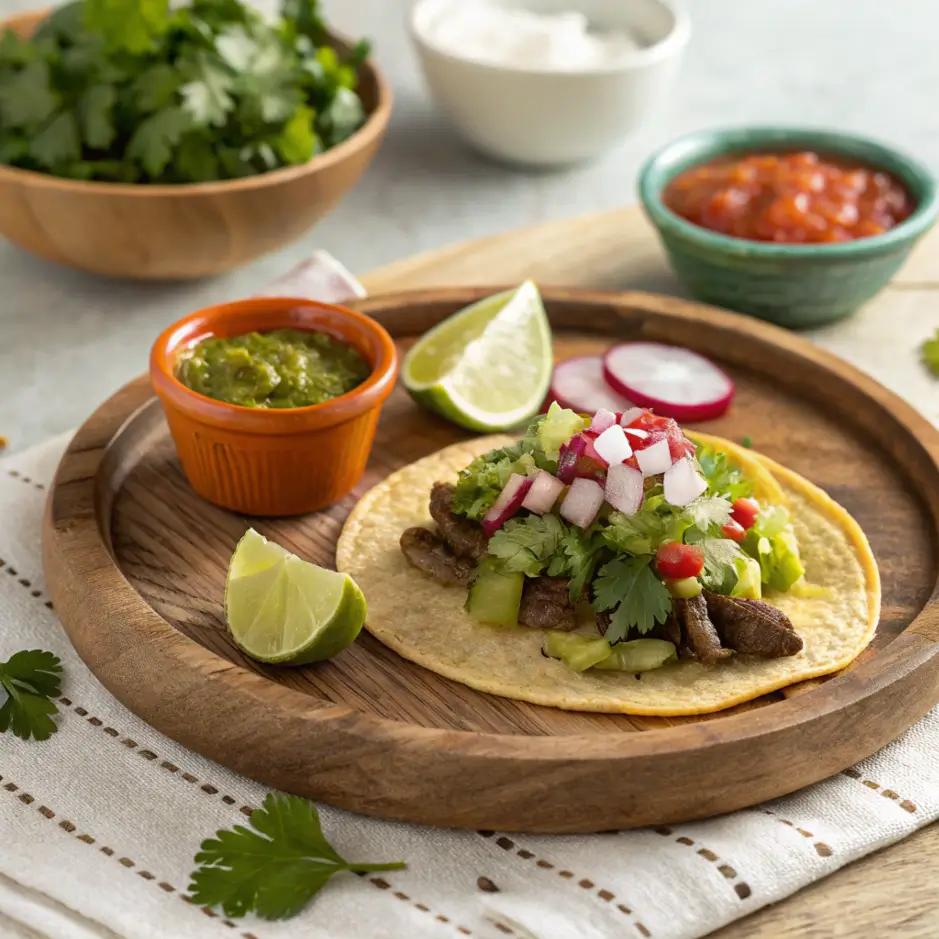 A beautifully plated taco de lengua served on a wooden plate, garnished with fresh cilantro, diced onions, radish slices, and a side of lime wedges, green salsa, and red salsa in bowls.