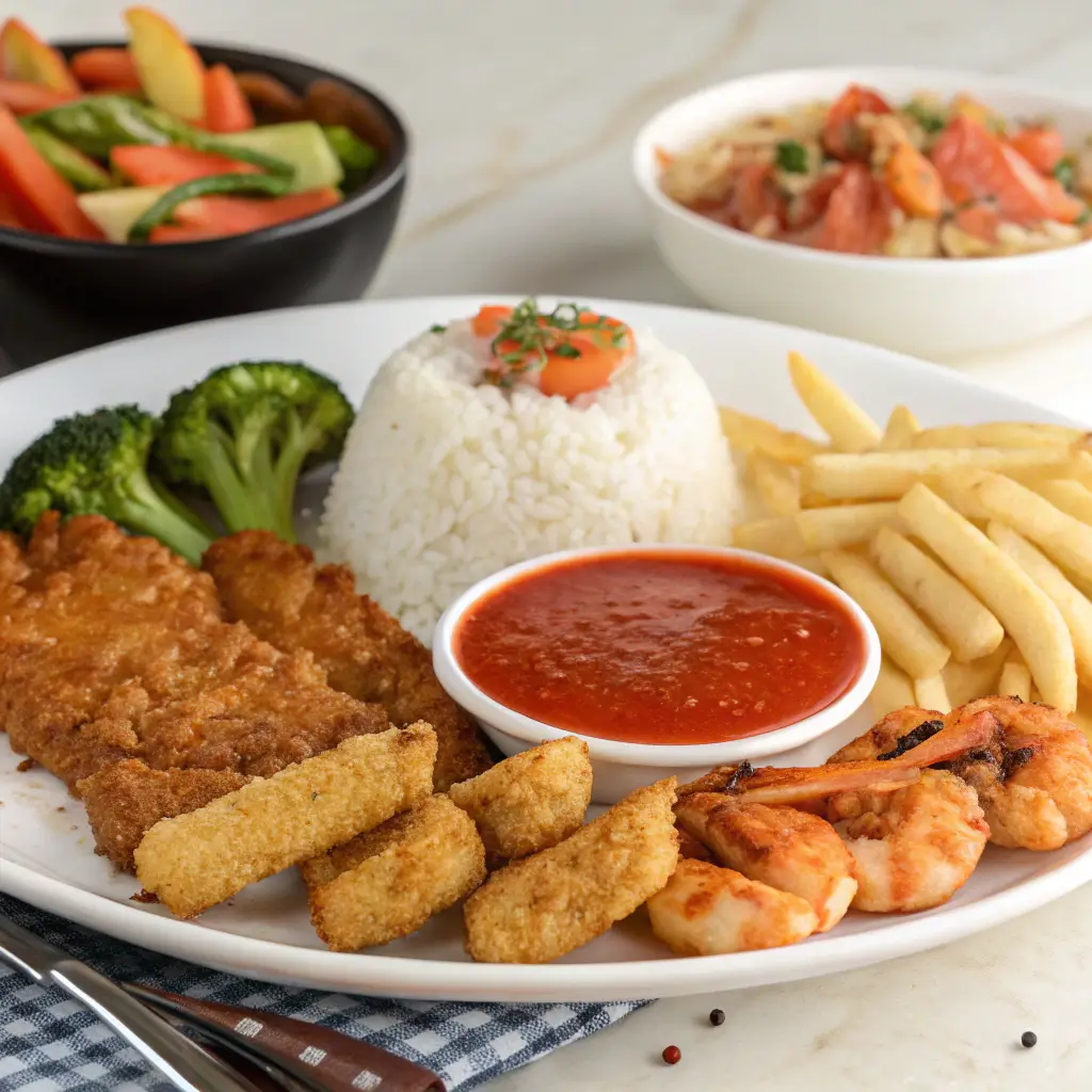 A plated meal featuring breaded fish, shrimp, French fries, steamed broccoli, white rice, and a bowl of Polynesian sauce, with side dishes in the background.