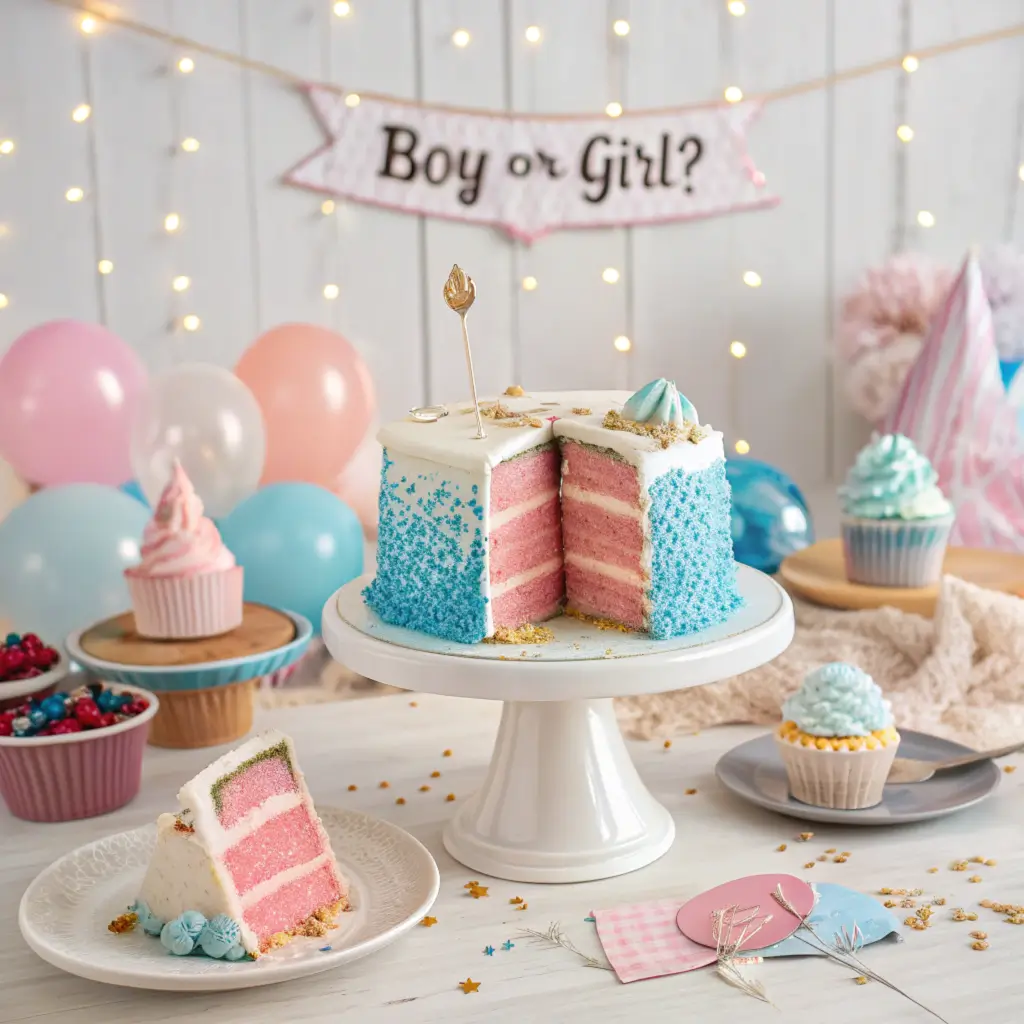 A festive gender reveal cake with pink layers and blue sprinkles on a white cake stand, surrounded by balloons, cupcakes, and a "Boy or Girl?" banner in the background.