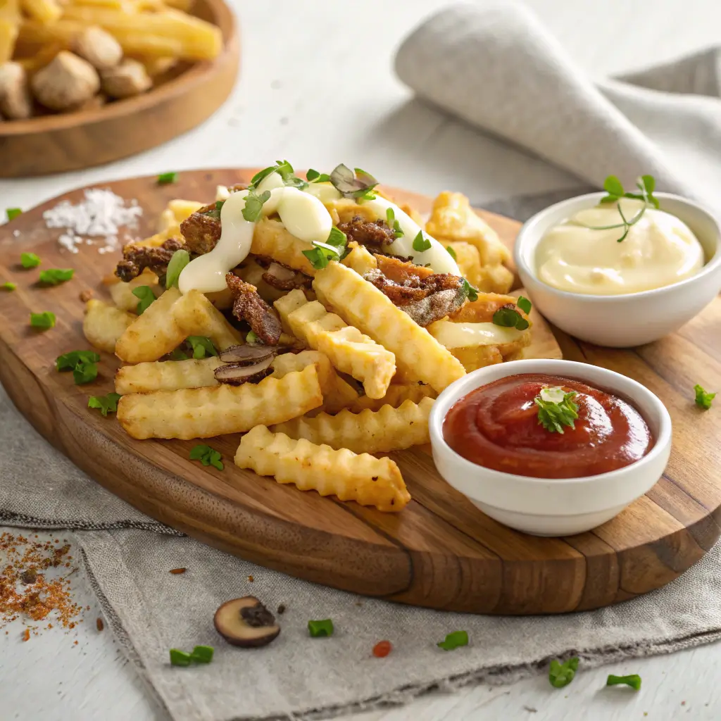 A serving of crispy crinkle fries topped with sautéed mushrooms, mayonnaise, and chopped green onions, served with bowls of ketchup and garlic aioli.