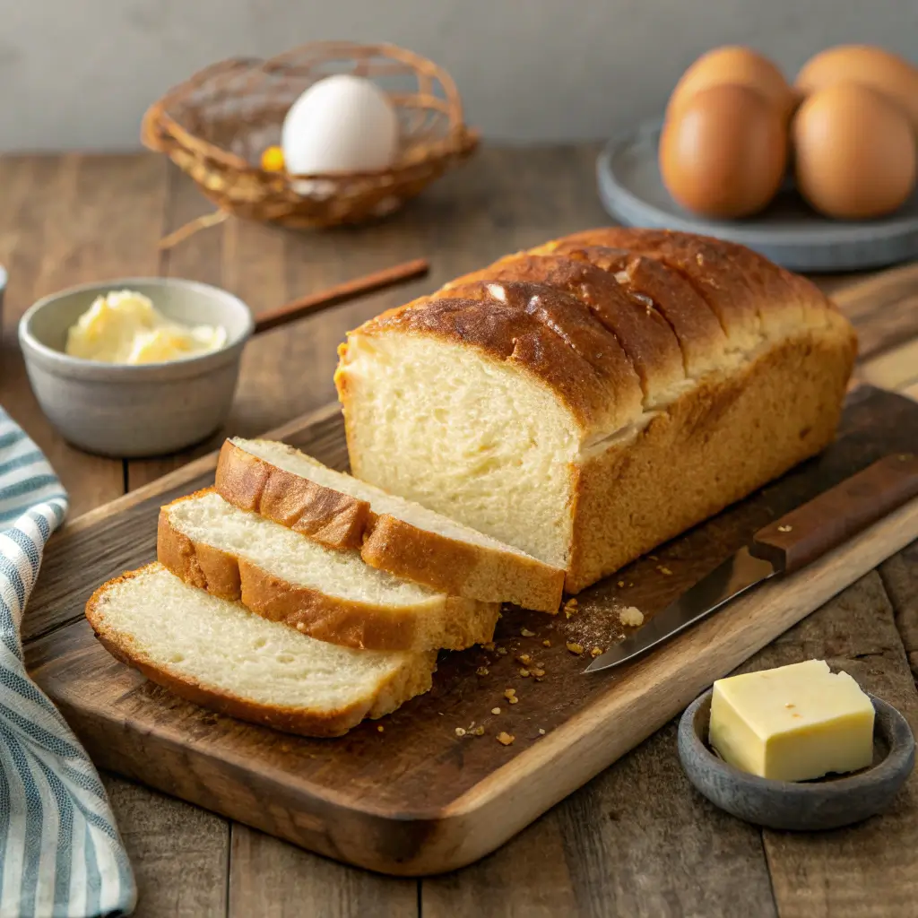 A freshly baked loaf of golden-brown carnivore bread, sliced to reveal its soft, fluffy interior, placed on a rustic wooden cutting board. A pat of butter sits nearby, with eggs and kitchen elements in the background.