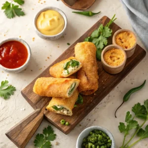 Golden egg rolls filled with goat cheese and jalapeños on a wooden board, surrounded by dipping sauces and garnishes.