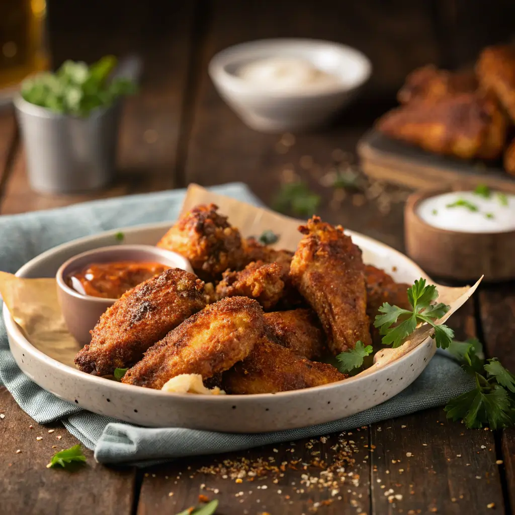 A plate of crispy, golden-brown chicken wings seasoned with a dry rub, garnished with fresh herbs. Dipping sauces are visible in the background.