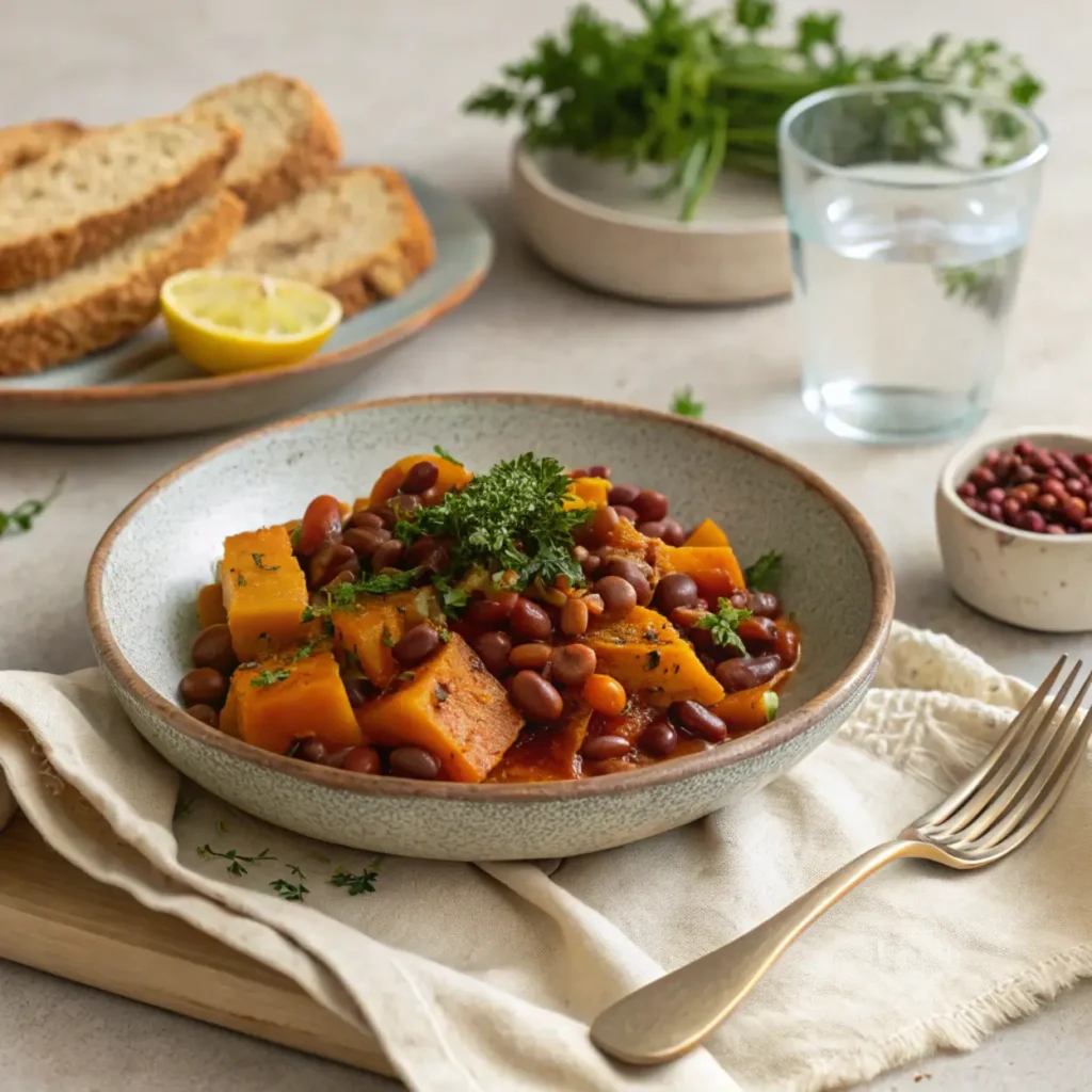 A bowl of hearty squash and kidney beans served with slices of whole grain bread, alongside a lemon wedge and a glass of water.