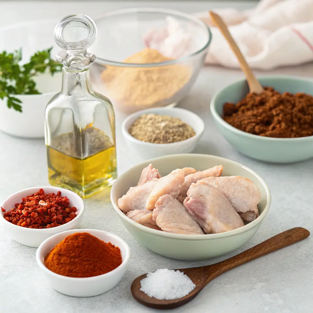 Ingredients for dry rub chicken wings including uncooked chicken wings, various spices, olive oil, and fresh cilantro.