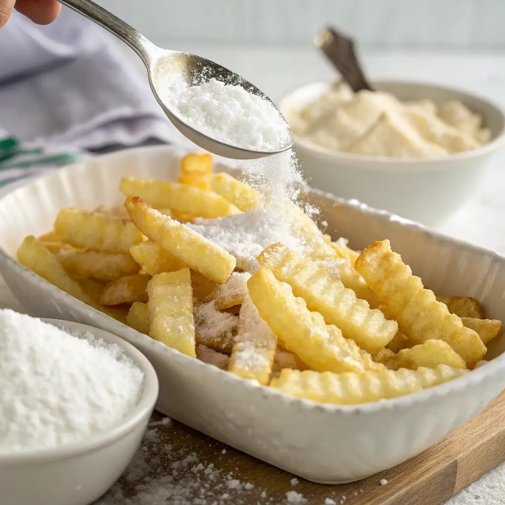 A close-up of freshly made crinkle fries being seasoned with salt, with a bowl of cornstarch in the background.