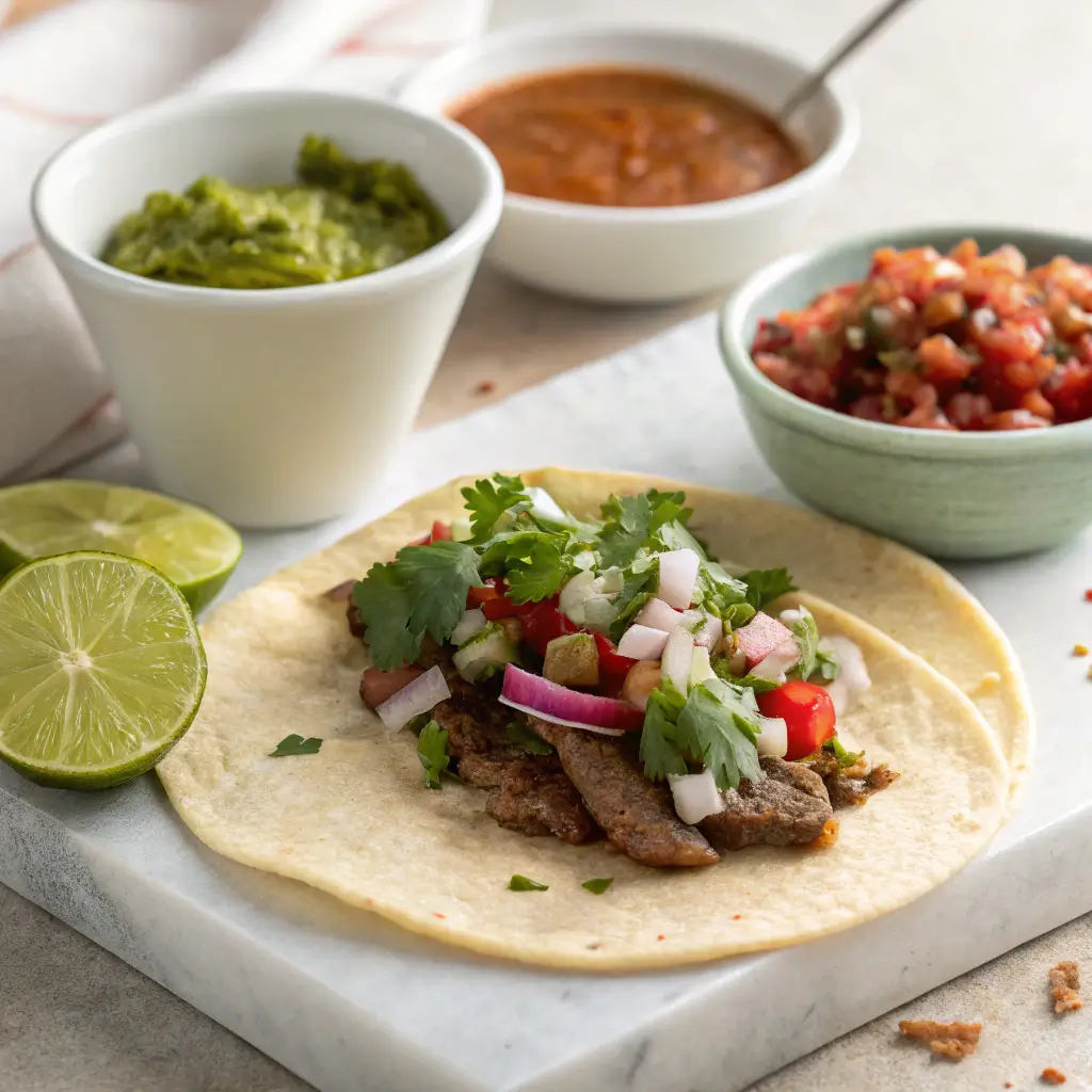 A close-up of a taco de lengua on a corn tortilla, topped with fresh pico de gallo, chopped onion, cilantro, and slices of red onion. Accompanied by lime wedges, guacamole, salsa roja, and pico de gallo in bowls.