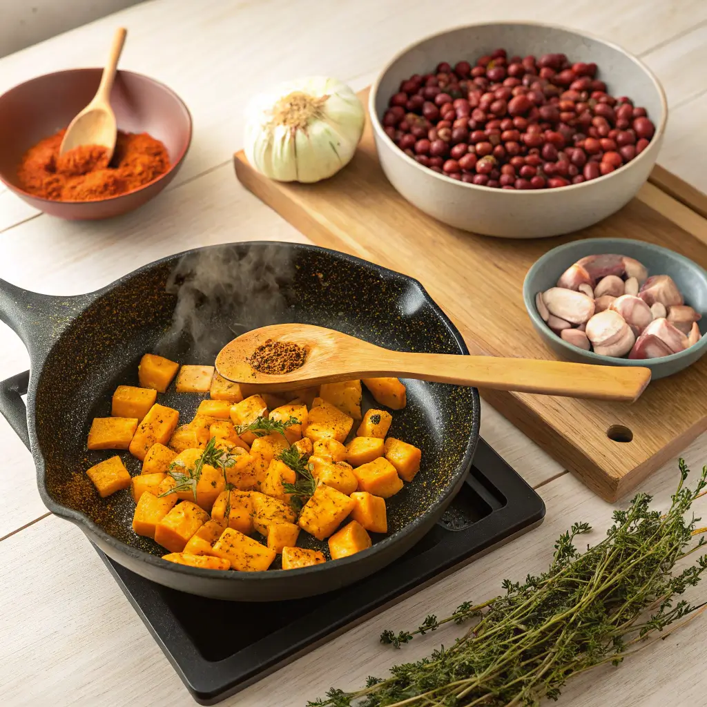 A skillet with sautéed butternut squash being seasoned, with bowls of kidney beans, garlic, and spices in the background.