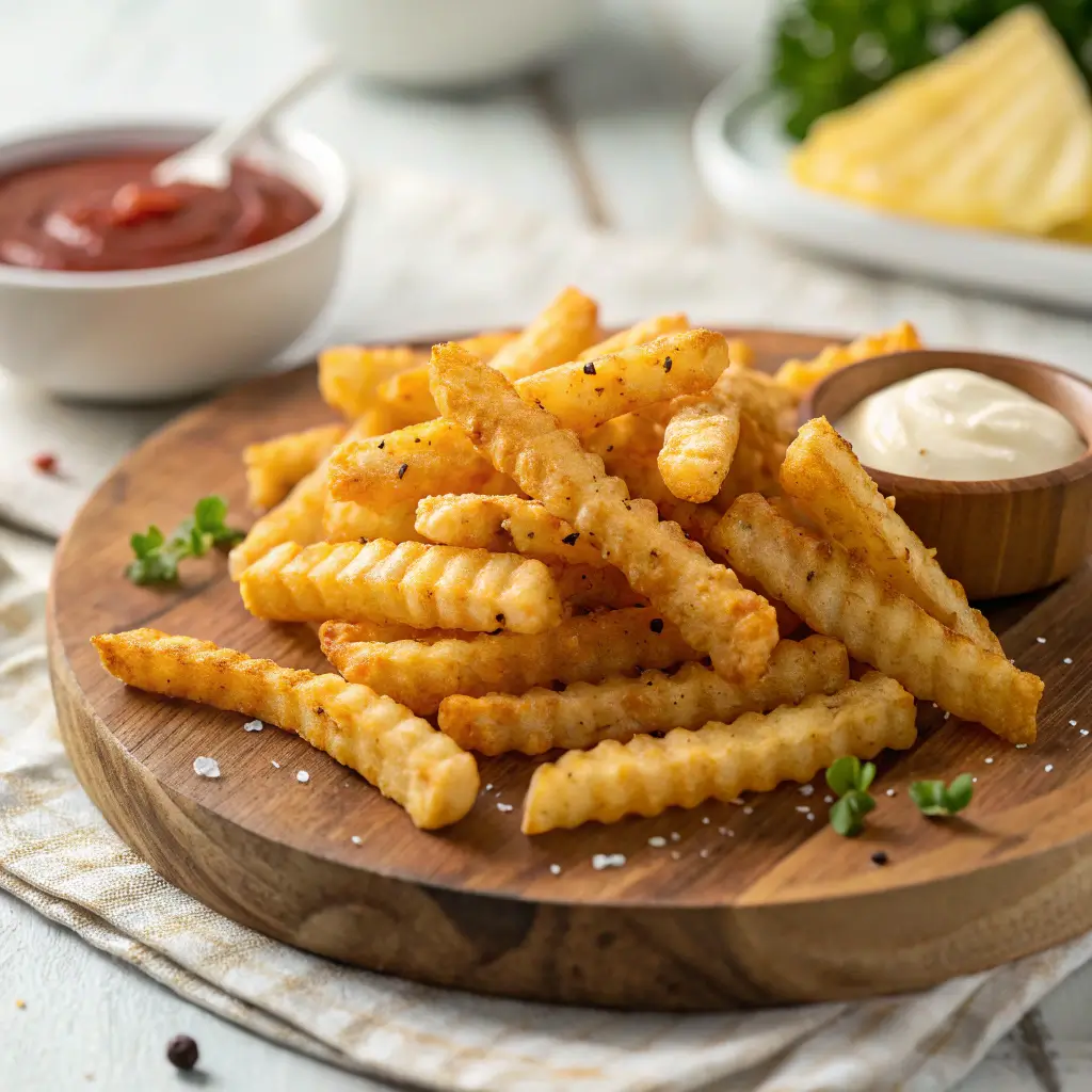 A close-up of crispy, golden crinkle fries served on a wooden plate with a side of dipping sauce and sprinkled with seasoning.