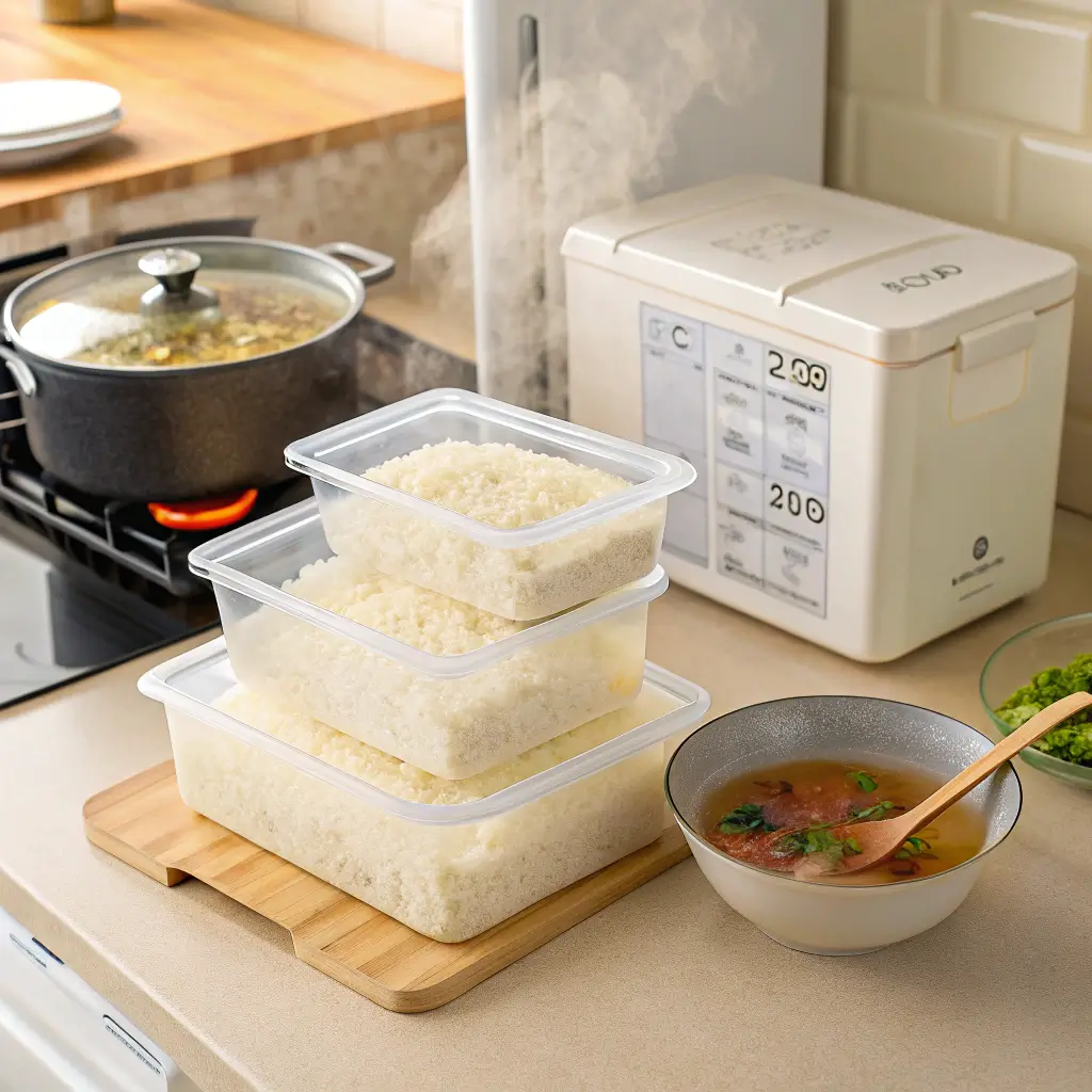 Cooked rice stored in containers next to a pot of boiling broth and a bowl of soup on a kitchen countertop.