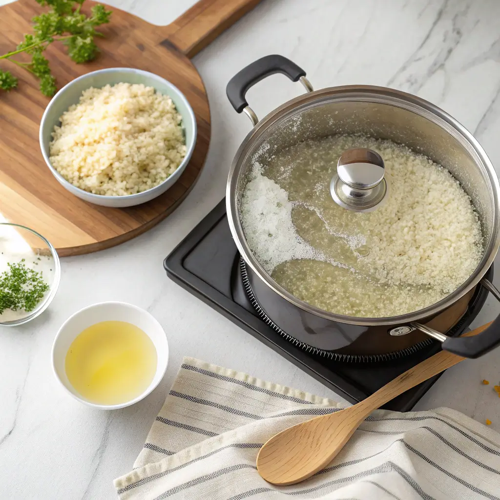 A pot of rice cooking on a stovetop with ingredients like broth, herbs, and cooked rice on a wooden board nearby.