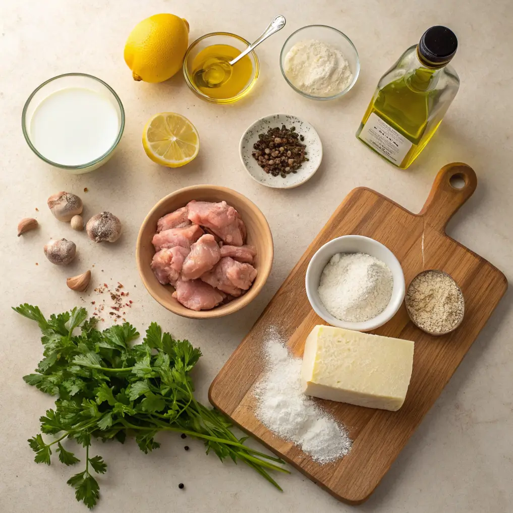 A flat-lay image of fresh ingredients for preparing sweet bread meat, including sweetbreads, parsley, lemon, olive oil, butter, garlic, flour, and spices, arranged neatly on a kitchen counter.

