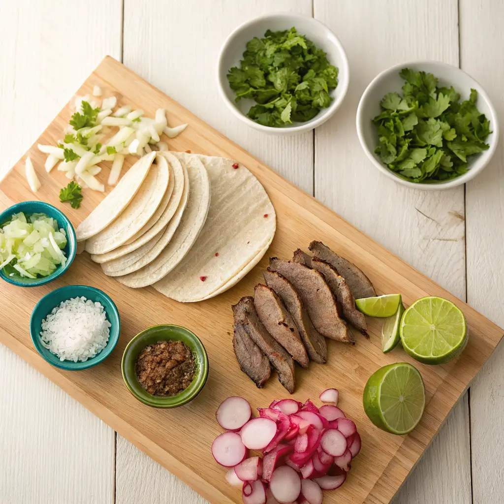 Overhead view of fresh ingredients for tacos de lengua, including sliced beef tongue, tortillas, radishes, lime, and garnishes on a wooden cutting board.