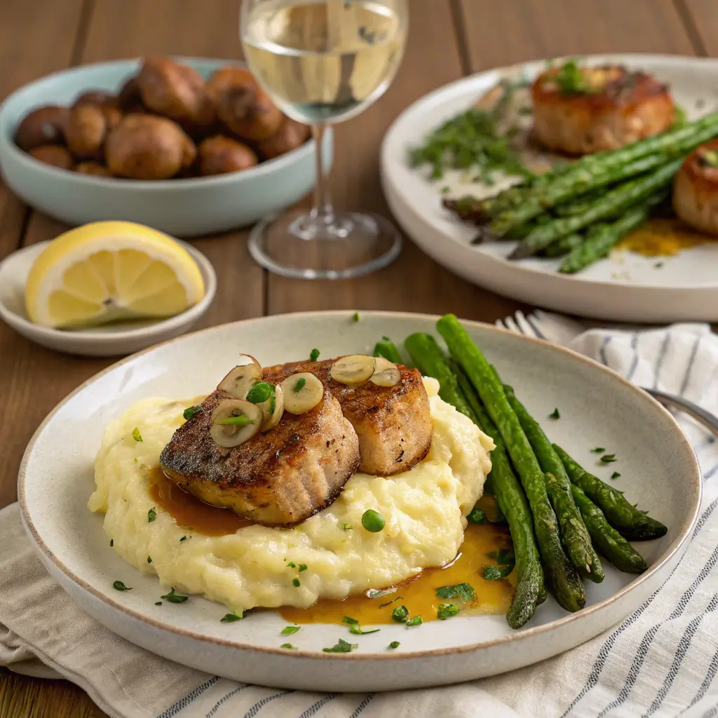 A beautifully plated dish of sweet bread meat served on creamy mashed potatoes, accompanied by sautéed asparagus and garnished with herbs, with a glass of white wine in the background.