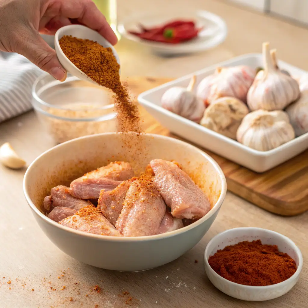 A hand pours a flavorful spice mix over raw chicken wings in a bowl, with garlic and extra spices in the background.