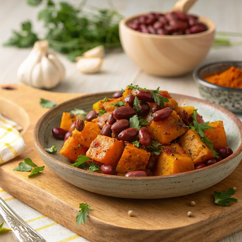 A colorful dish of roasted squash and kidney beans garnished with fresh herbs, served on a rustic plate, with additional ingredients like garlic and spices in the background.