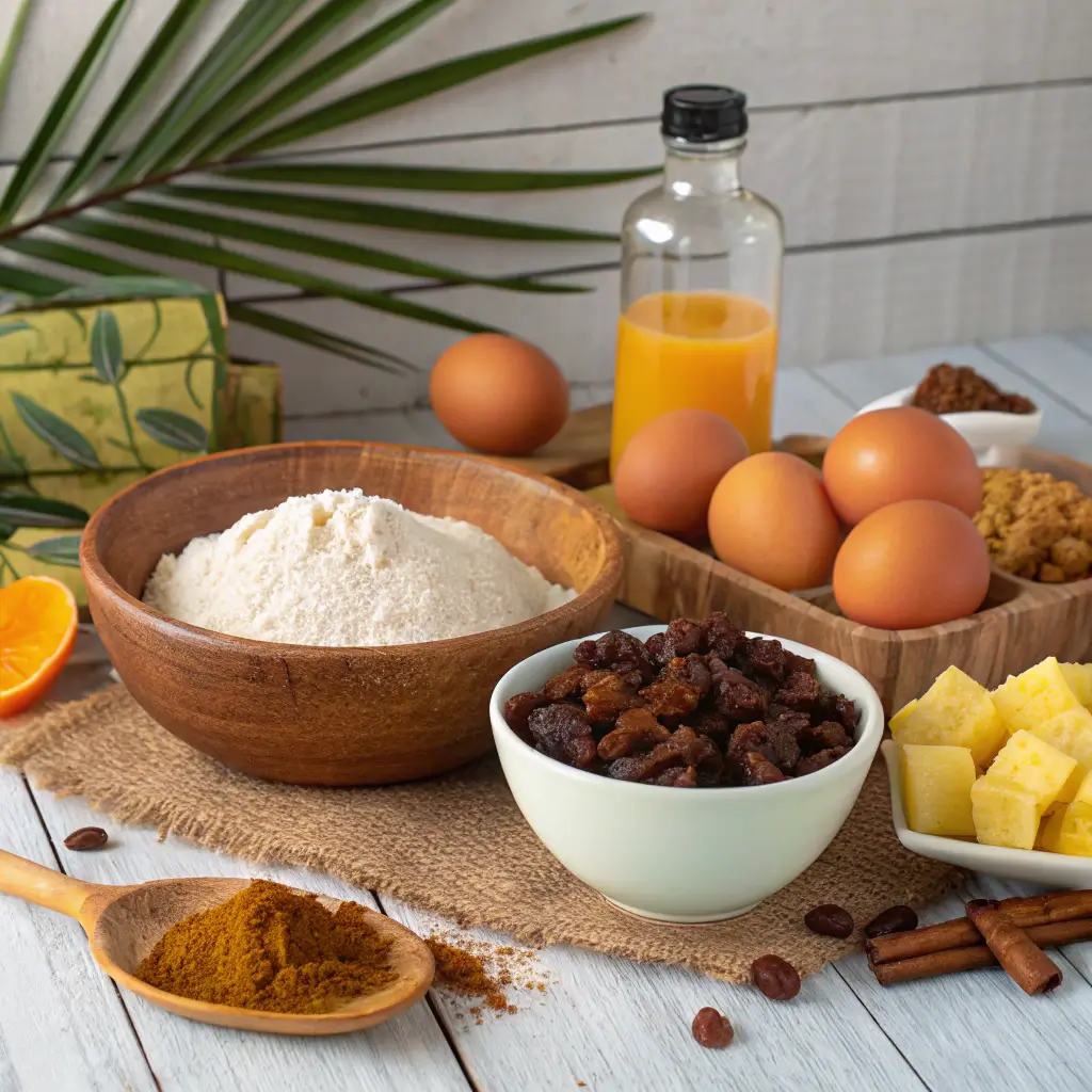 Ingredients for Caribbean Festival Rum Cake, including flour, eggs, dried fruits, pineapple chunks, brown sugar, cinnamon, and orange juice.