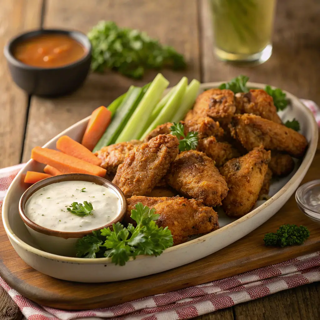 A platter of crispy, golden-brown dry rub chicken wings garnished with parsley, served with ranch and hot sauce, accompanied by fresh celery and carrot sticks.