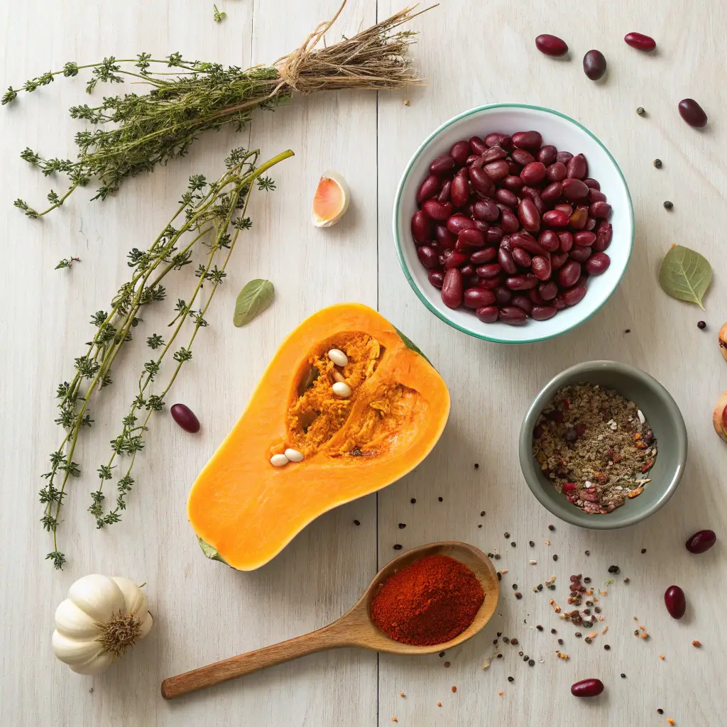 A vibrant composition of ingredients for a squash and kidney bean recipe, featuring a halved butternut squash, kidney beans, fresh herbs, garlic, and a variety of spices on a wooden surface.