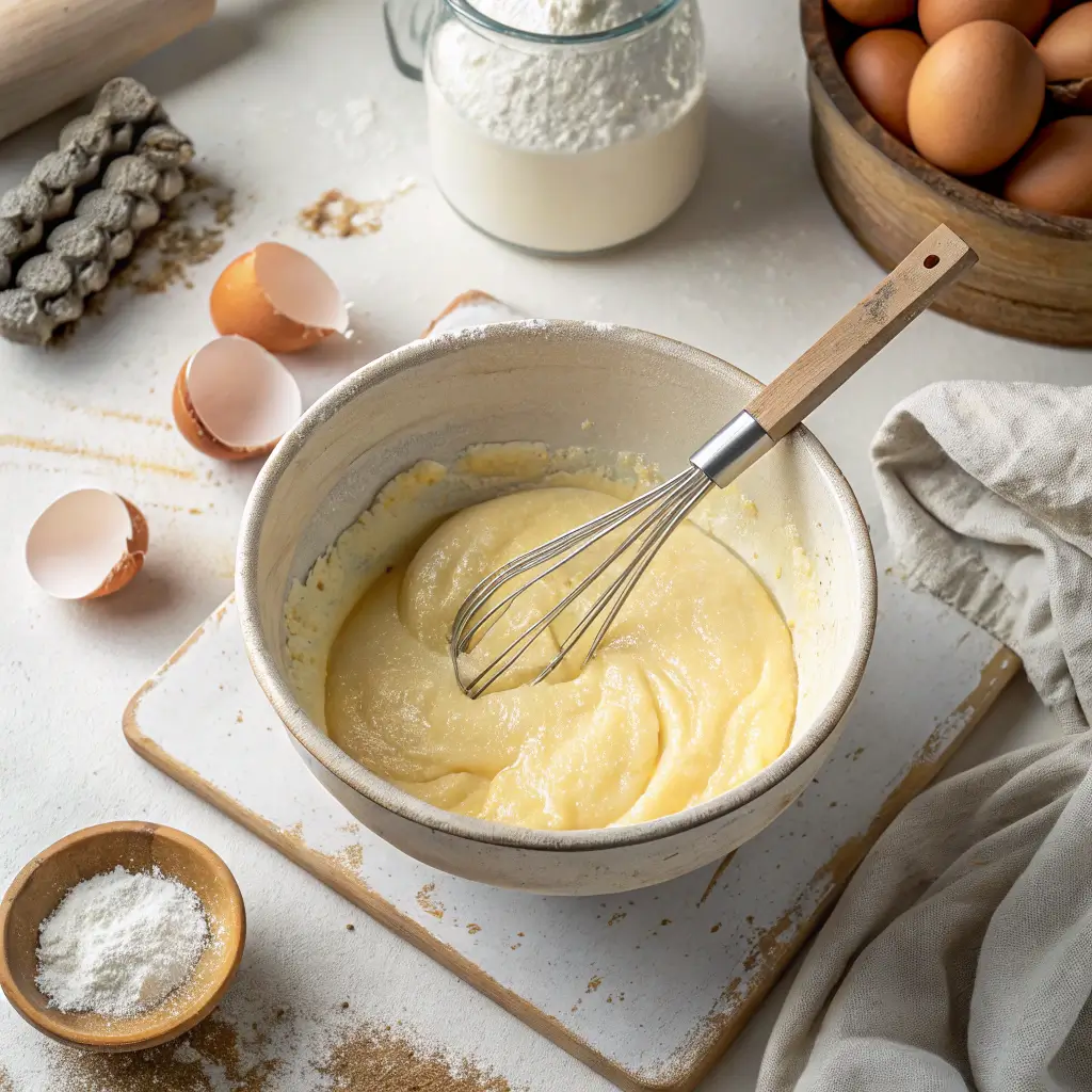 A mixing bowl with Cloud Cake batter, whisked smooth, surrounded by egg shells, flour, and baking ingredients on a rustic kitchen counter.