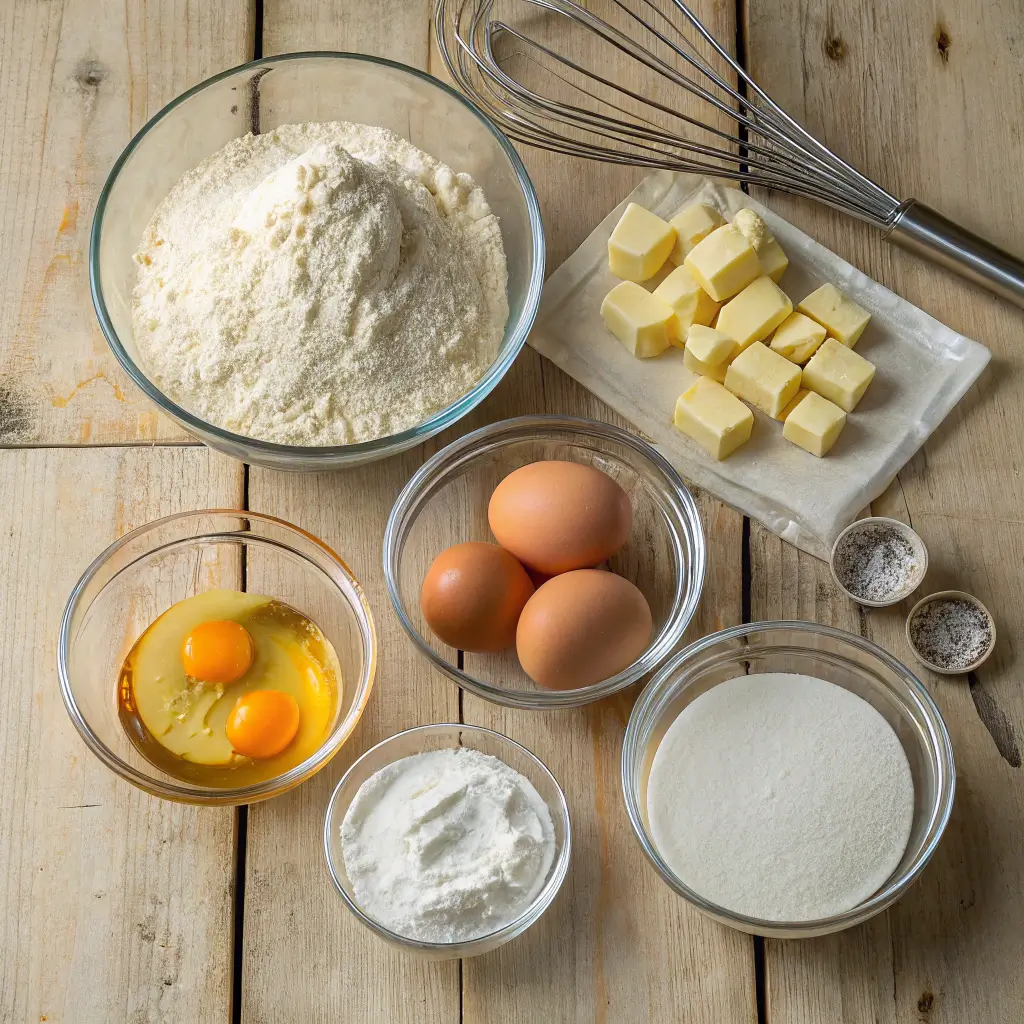 An overhead view of ingredients for Cloud Cake, including flour, eggs, butter, sugar, and salt, neatly arranged on a wooden surface.