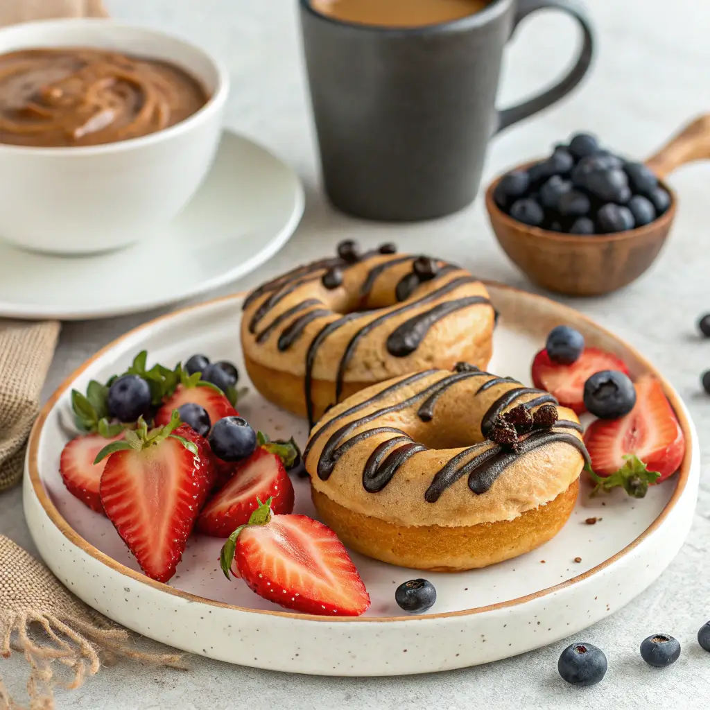 Protein donuts drizzled with chocolate, served with fresh strawberries, blueberries, and a cup of coffee.