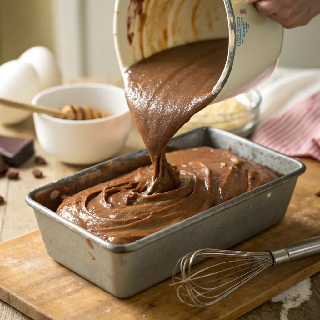 A rich and creamy chocolate batter being poured into a greased loaf pan, ready to be baked into a chocolate cream cheese pound cake.