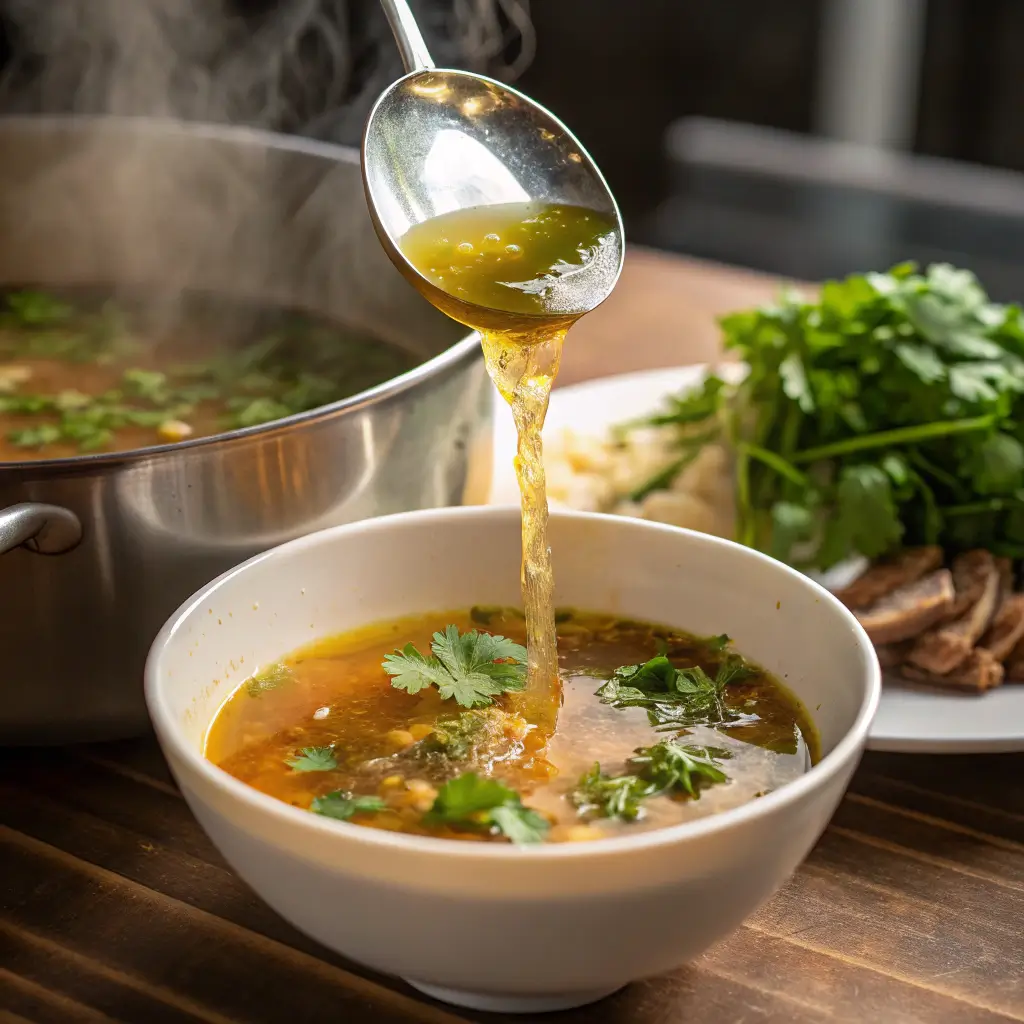 A spoon pouring steaming bone soup into a bowl, garnished with fresh cilantro.