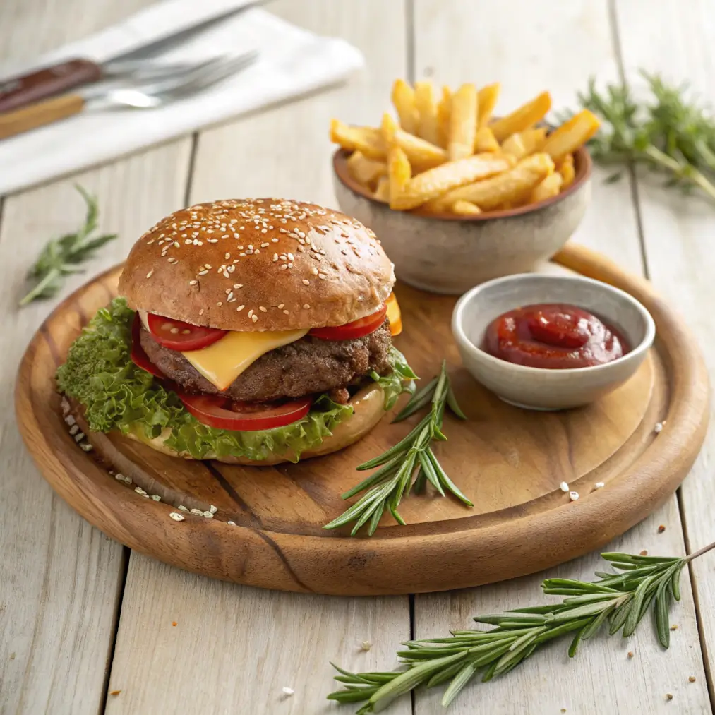 A freshly cooked venison burger with lettuce, tomato, and cheese on a sesame seed bun, served on a wooden plate with a side of fries and ketchup, garnished with fresh rosemary sprigs.