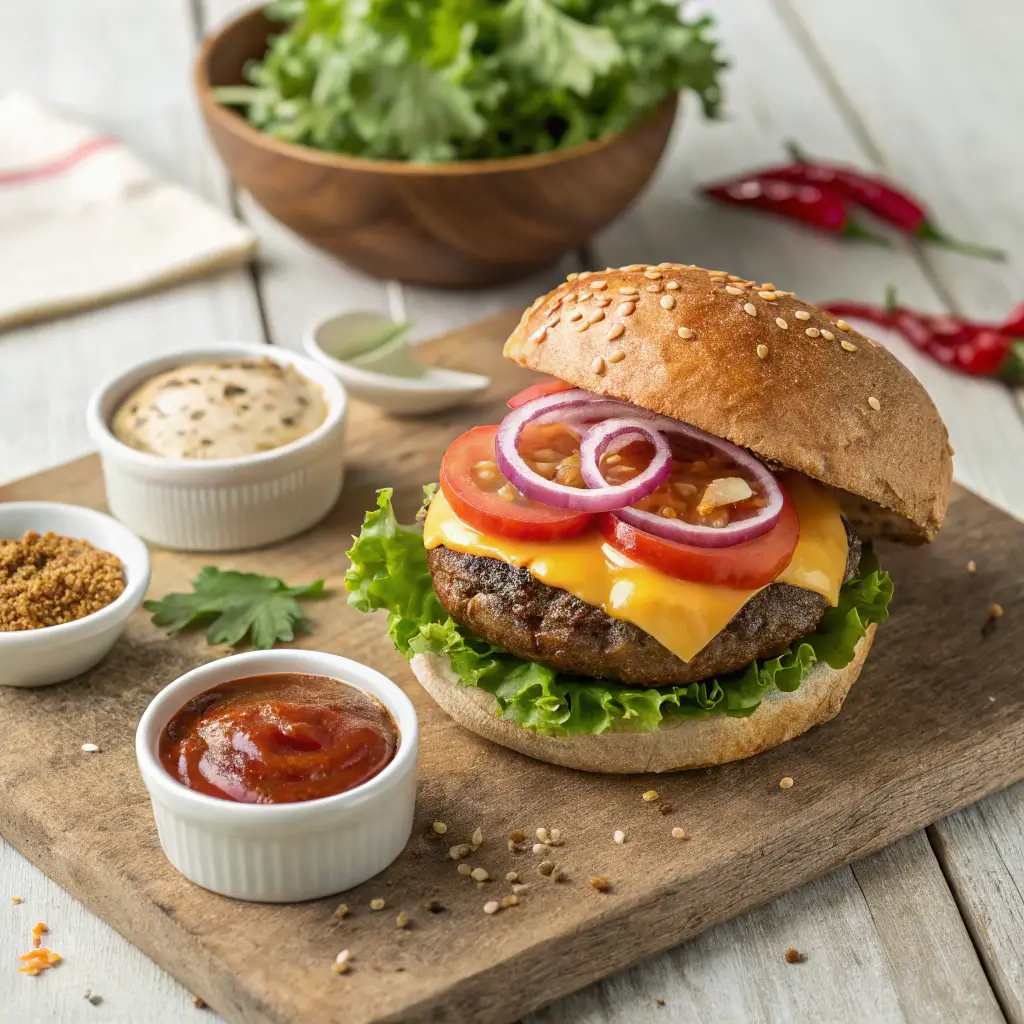 A delicious venison burger topped with cheddar cheese, lettuce, tomatoes, and red onions, served on a wooden board with various condiments.