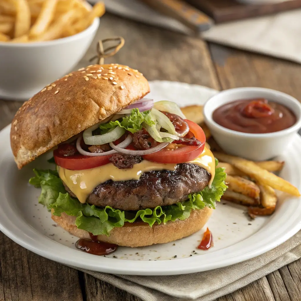 A freshly prepared venison burger served on a sesame seed bun with melted cheese, lettuce, tomato, and onion, accompanied by a side of fries and ketchup.