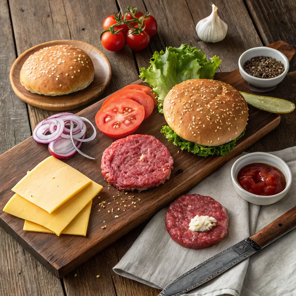 Ingredients for a venison burger displayed on a wooden board, including raw venison patties, sesame seed buns, cheddar cheese slices, tomato slices, lettuce, red onion rings, and condiments like ketchup and pepper.