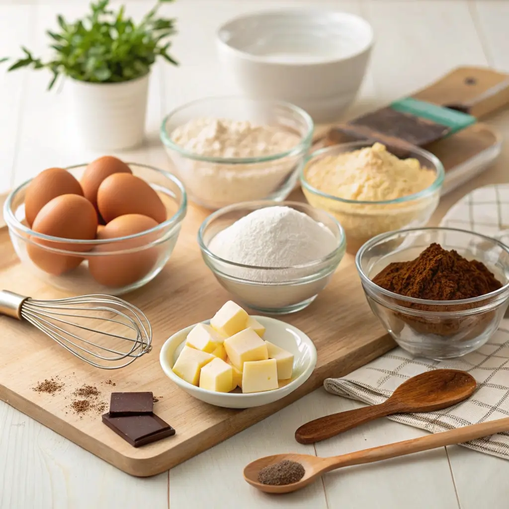 Ingredients for baking laid out aesthetically with eggs, flour, butter, cocoa powder, and chocolate.