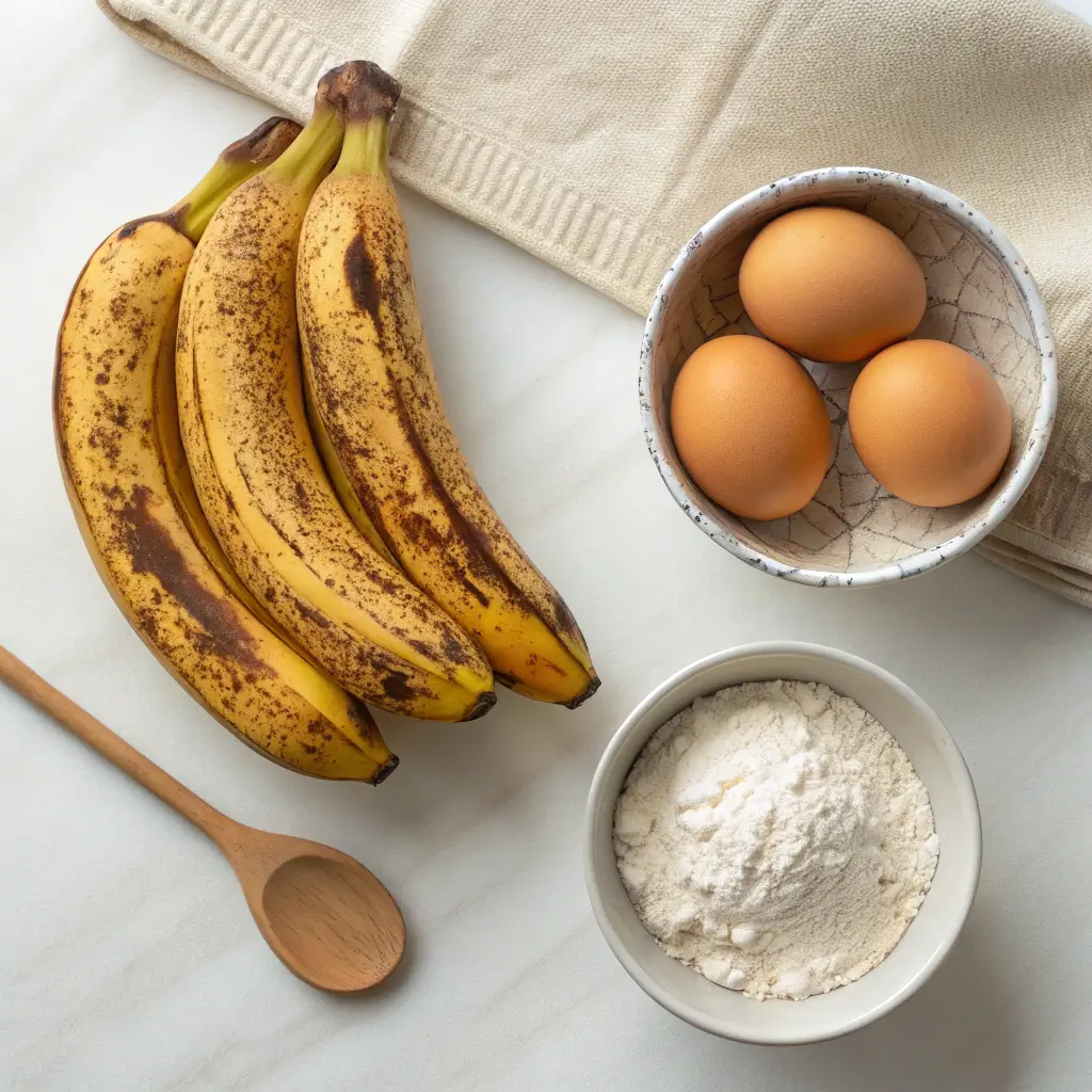 Flat-lay of ingredients for 3 ingredient banana bread, including three ripe bananas with brown spots, three eggs in a patterned bowl, and a bowl of flour, placed on a clean white surface with a wooden spoon and beige kitchen towel.