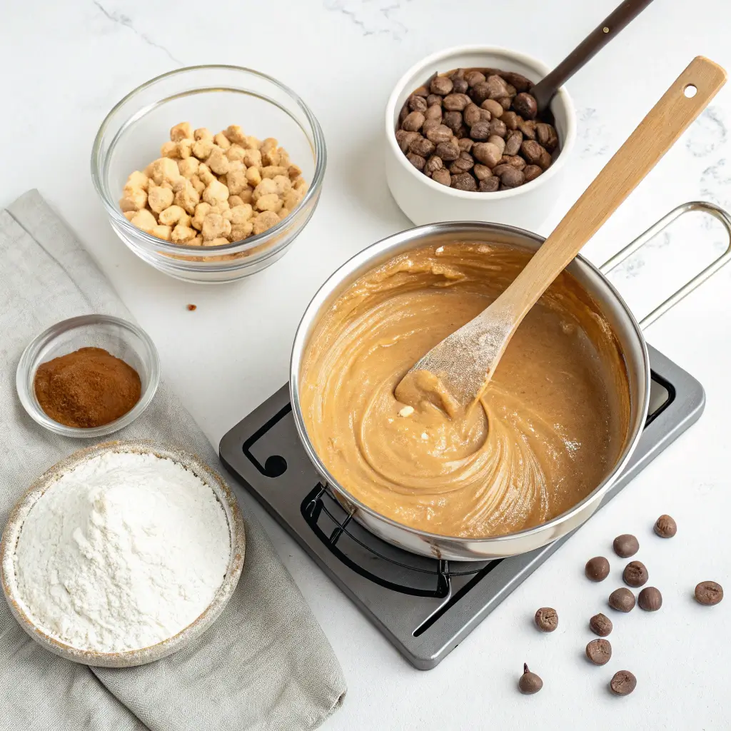 A saucepan with creamy peanut butter and butter mixture being stirred with a wooden spoon, surrounded by ingredients for making 3 Ingredient Peanut Butter Fudge, including powdered sugar, chocolate chips, and peanut pieces.