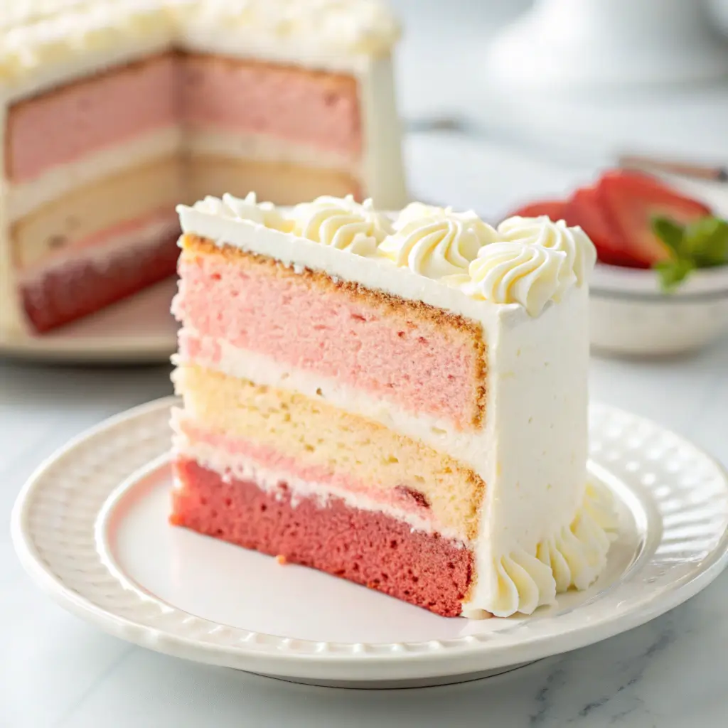 A close-up of a slice of a three-layer Gender Reveal Cake with pink and white frosting, served on a white plate.