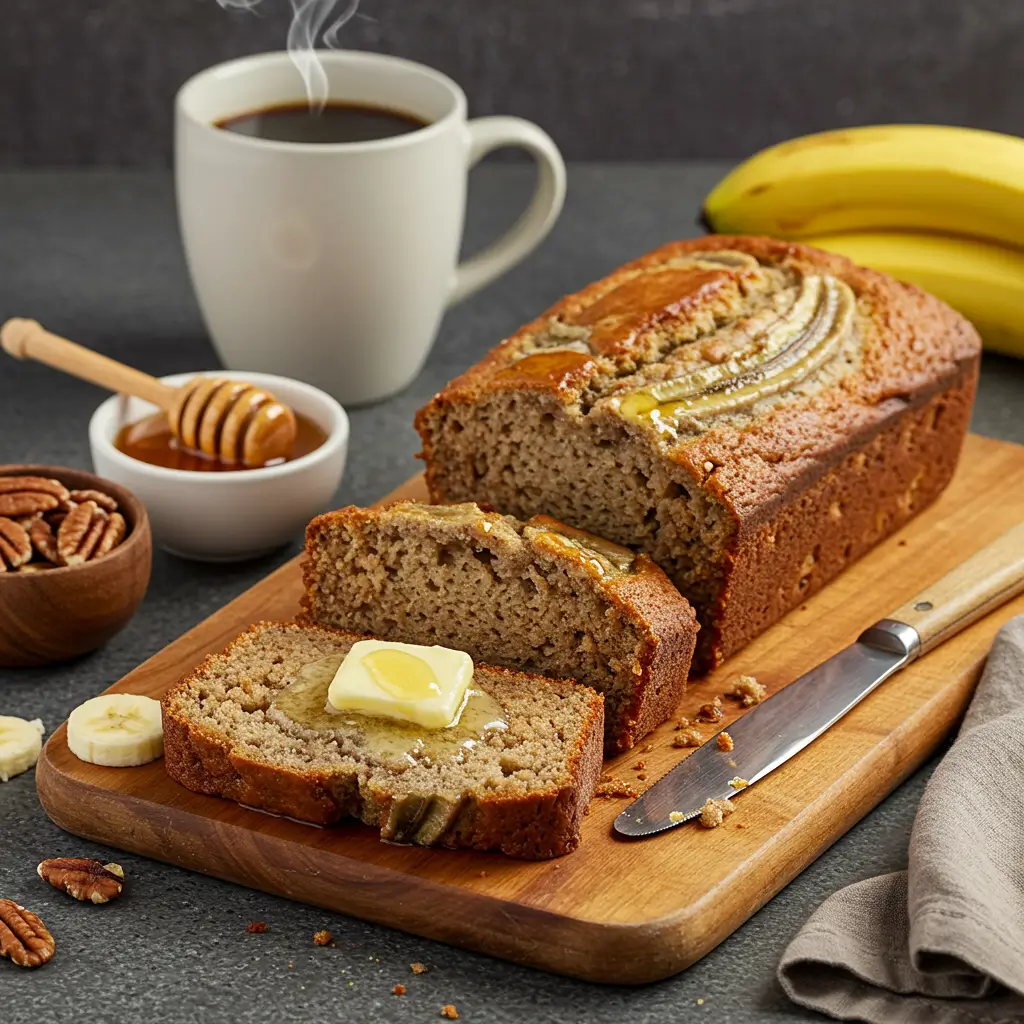 Sliced bread machine banana bread served on a wooden cutting board, topped with butter and honey, alongside a steaming cup of coffee, bananas, and pecans.