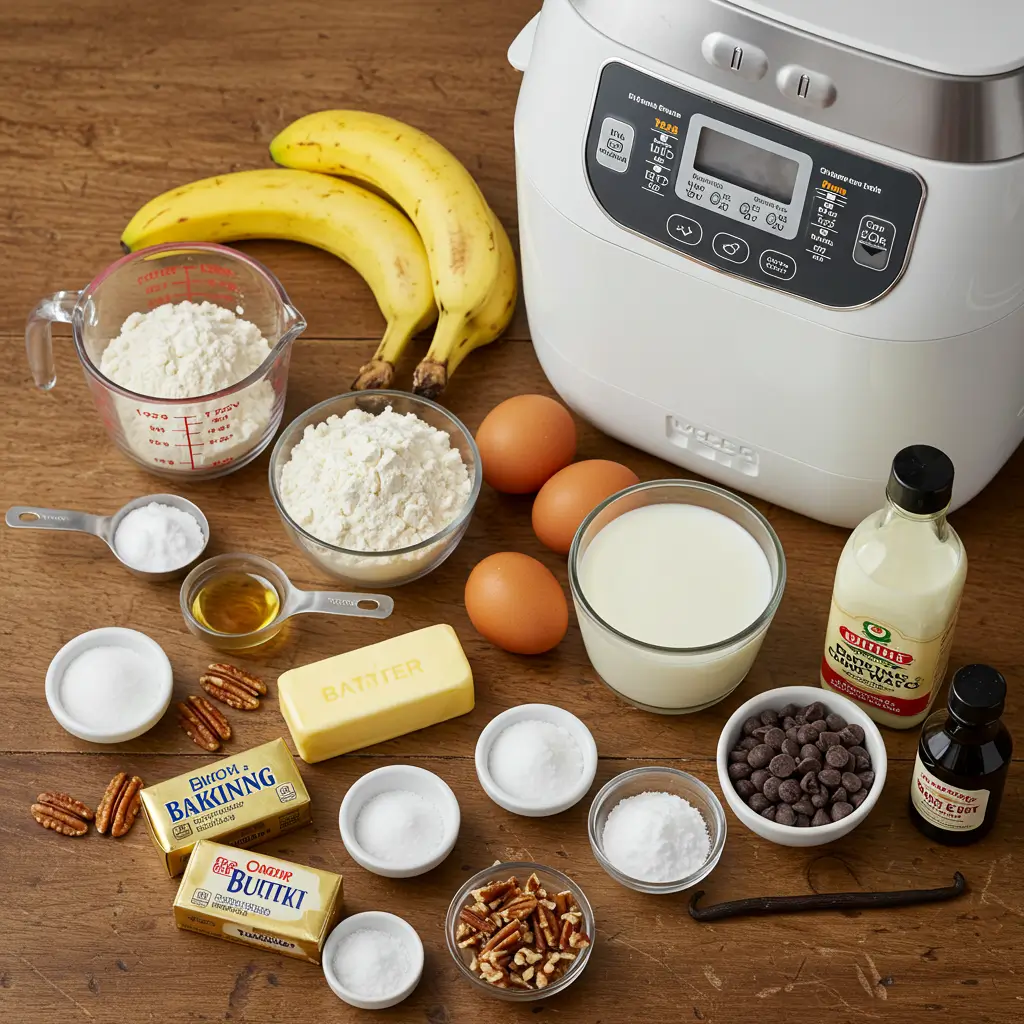 Ingredients for bread machine banana bread displayed on a wooden countertop, including bananas, flour, sugar, butter, eggs, milk, baking soda, baking powder, vanilla extract, and optional mix-ins like nuts and chocolate chips, with a bread machine in the background.