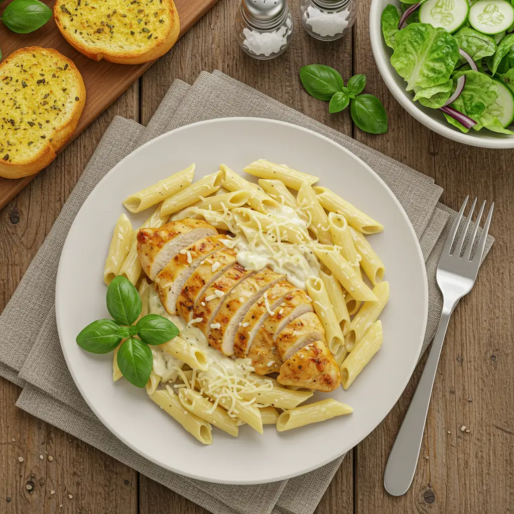 Garlic Parmesan Chicken Pasta with grilled chicken, creamy sauce, and a side of garlic bread.