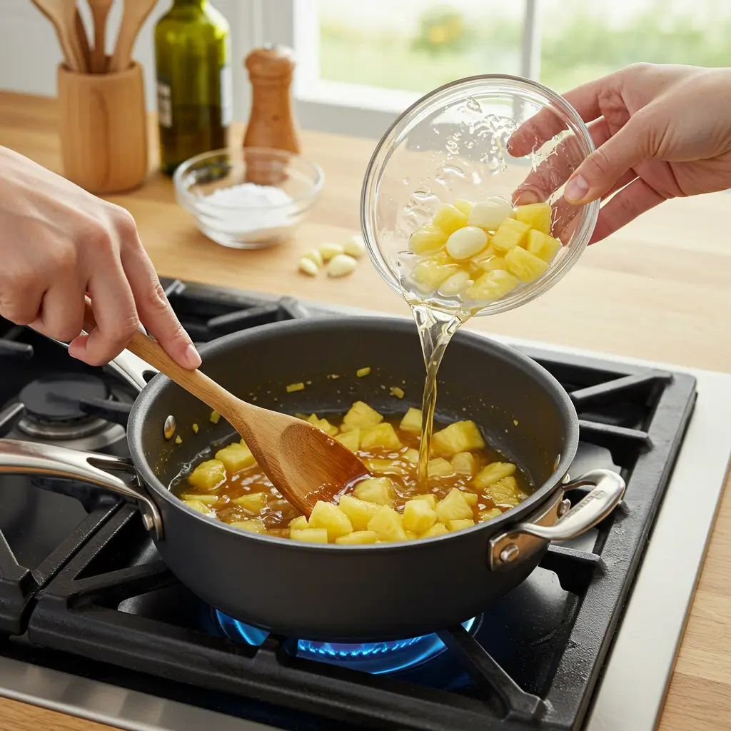 A saucepan with pineapple chunks being stirred on a stovetop while a mixture of cornstarch and liquid is added.