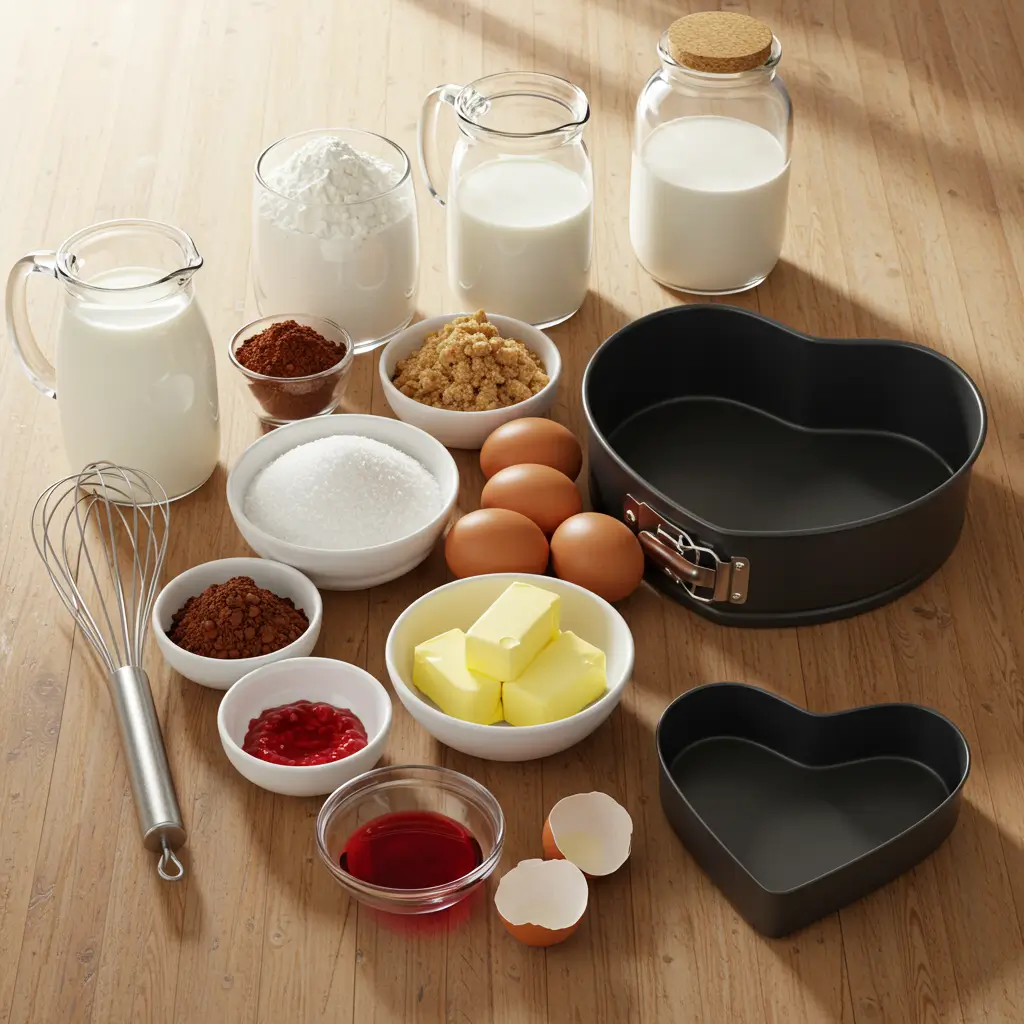  Ingredients and tools for baking a heart-shaped cake, including flour, milk, eggs, butter, sugar, cocoa powder, and heart-shaped cake pans.