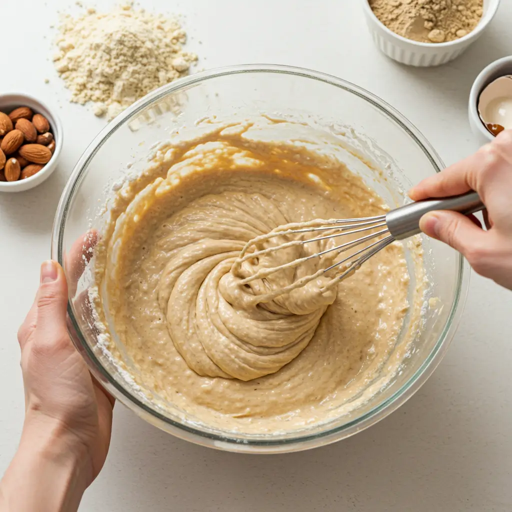 Whisking the protein donut batter in a glass bowl with almonds and protein powder in the background.