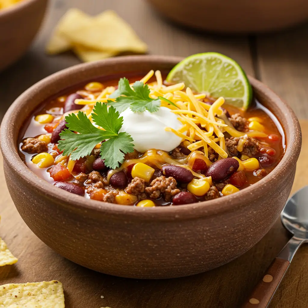 A bowl of taco soup topped with sour cream, shredded cheese, and fresh cilantro, garnished with a lime wedge.