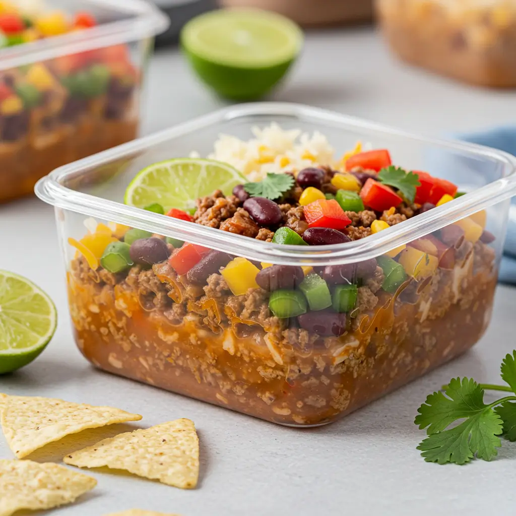 A clear container filled with taco soup frios, layered with seasoned ground beef, beans, diced bell peppers, and rice, garnished with a lime wedge and fresh cilantro.