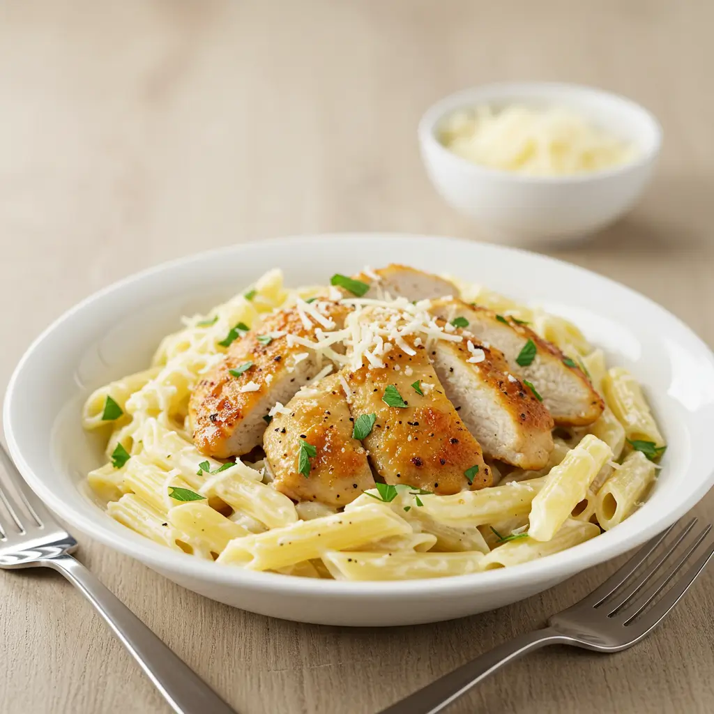 Garlic Parmesan Chicken Pasta with creamy sauce, golden-brown chicken, and grated Parmesan cheese, topped with fresh parsley.