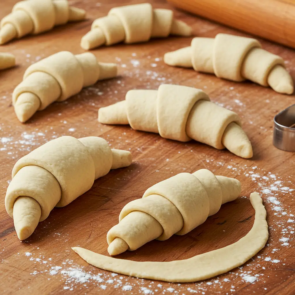 Unbaked Gipfeli dough shaped into crescents, ready for the oven, on a floured wooden surface.